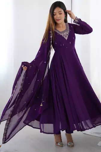 Purple festive wear designer heavy pure soft fox georgette embroidery zari work readymade suit