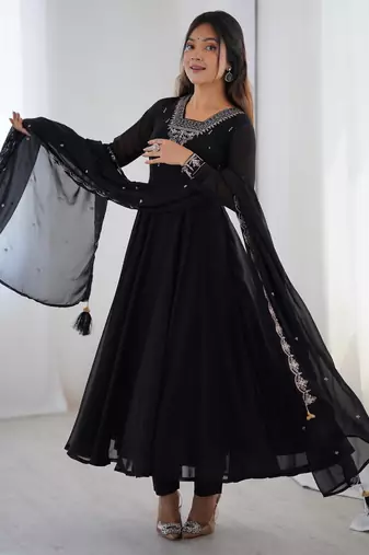 Black festive wear designer heavy pure soft fox georgette embroidery zari work readymade suit