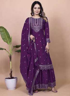 Wine festive wear designer chinon sequence embroidery work readymade suit 1