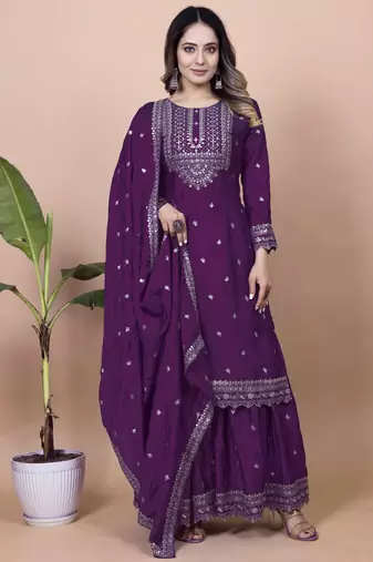 Wine festive wear designer chinon sequence embroidery work readymade suit