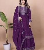 Wine festive wear designer chinon sequence embroidery work readymade suit