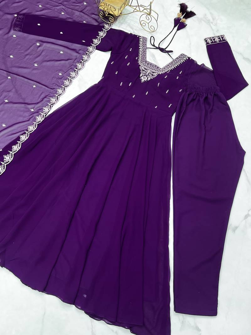 Purple festive wear designer heavy pure soft fox georgette embroidery zari work readymade suit