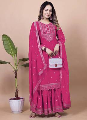 Pink festive wear designer chinon sequence embroidery work readymade suit 1