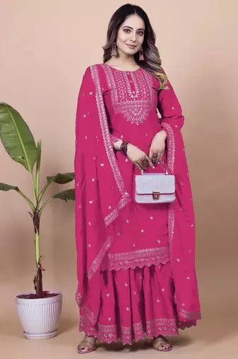 Pink festive wear designer chinon sequence embroidery work readymade suit