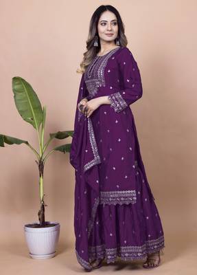 Wine festive wear designer chinon sequence embroidery work readymade suit 2