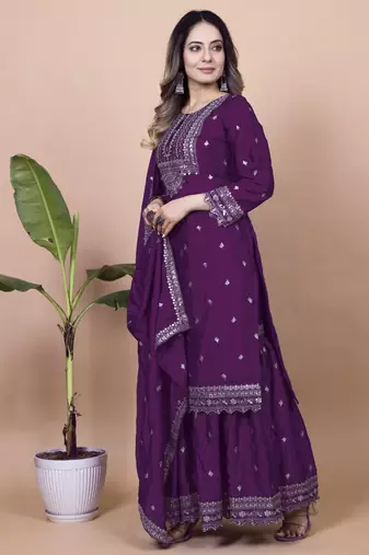 Wine festive wear designer chinon sequence embroidery work readymade suit