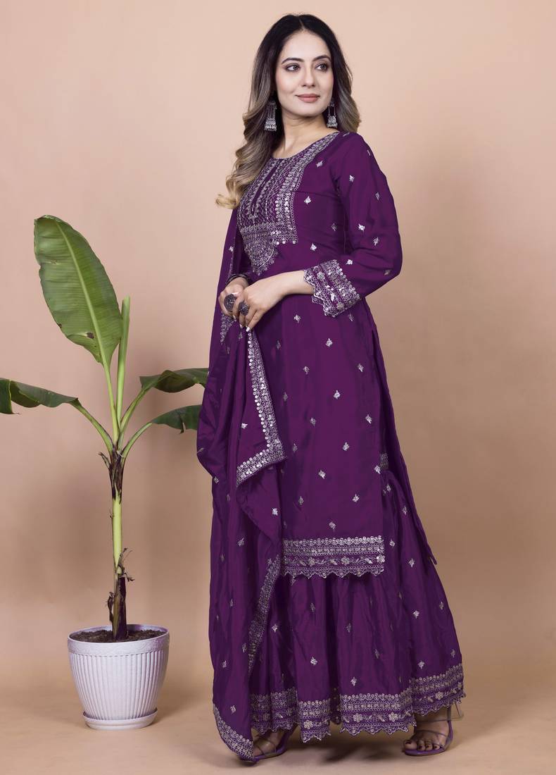 Wine festive wear designer chinon sequence embroidery work readymade suit