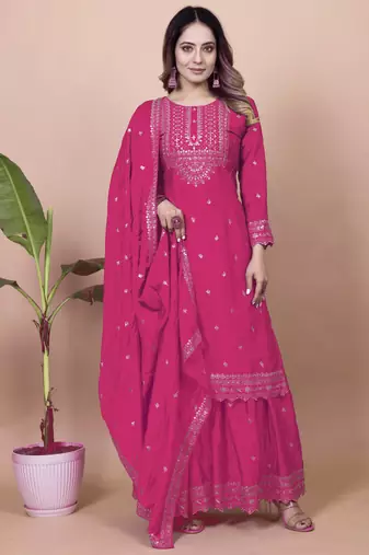 Pink festive wear designer chinon sequence embroidery work readymade suit