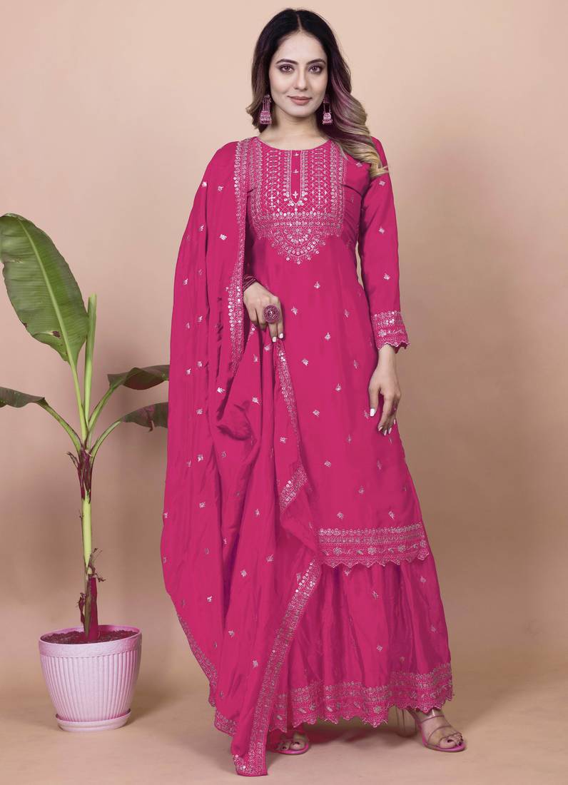 Pink festive wear designer chinon sequence embroidery work readymade suit