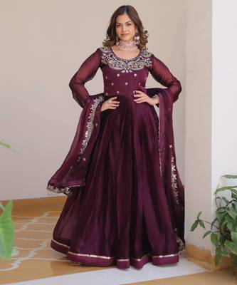 Wine festive wear designer pure burberry silk  heavy sequence embroidery work readymade suit 1
