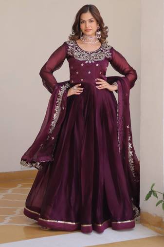 Wine festive wear designer pure burberry silk  heavy sequence embroidery work readymade suit