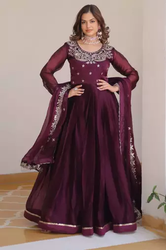 Wine festive wear designer pure burberry silk  heavy sequence embroidery work readymade suit