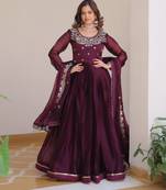 Wine festive wear designer pure burberry silk  heavy sequence embroidery work readymade suit