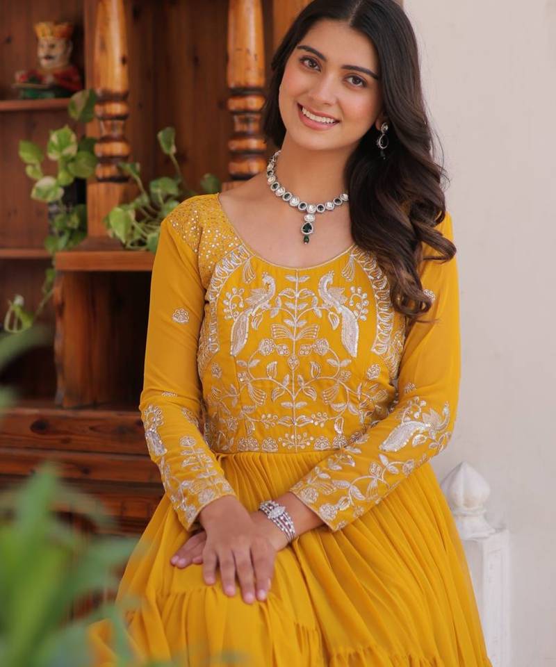 Yellow festive wear designer faux georgette heavy 3mm sequence work readymade suit