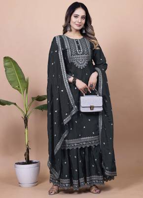 Black festive wear designer chinon sequence embroidery work readymade suit 1
