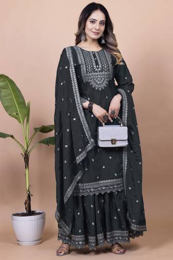 Black festive wear designer chinon sequence embroidery work readymade suit