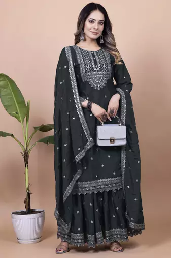 Black festive wear designer chinon sequence embroidery work readymade suit