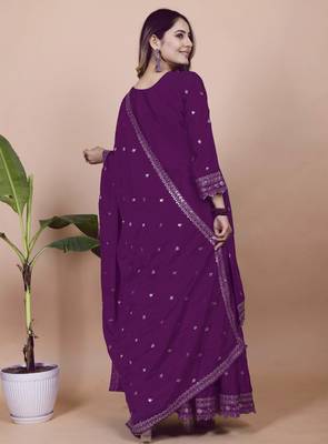 Wine festive wear designer chinon sequence embroidery work readymade suit 3
