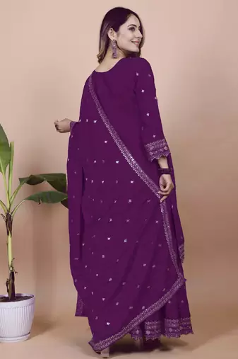 Wine festive wear designer chinon sequence embroidery work readymade suit