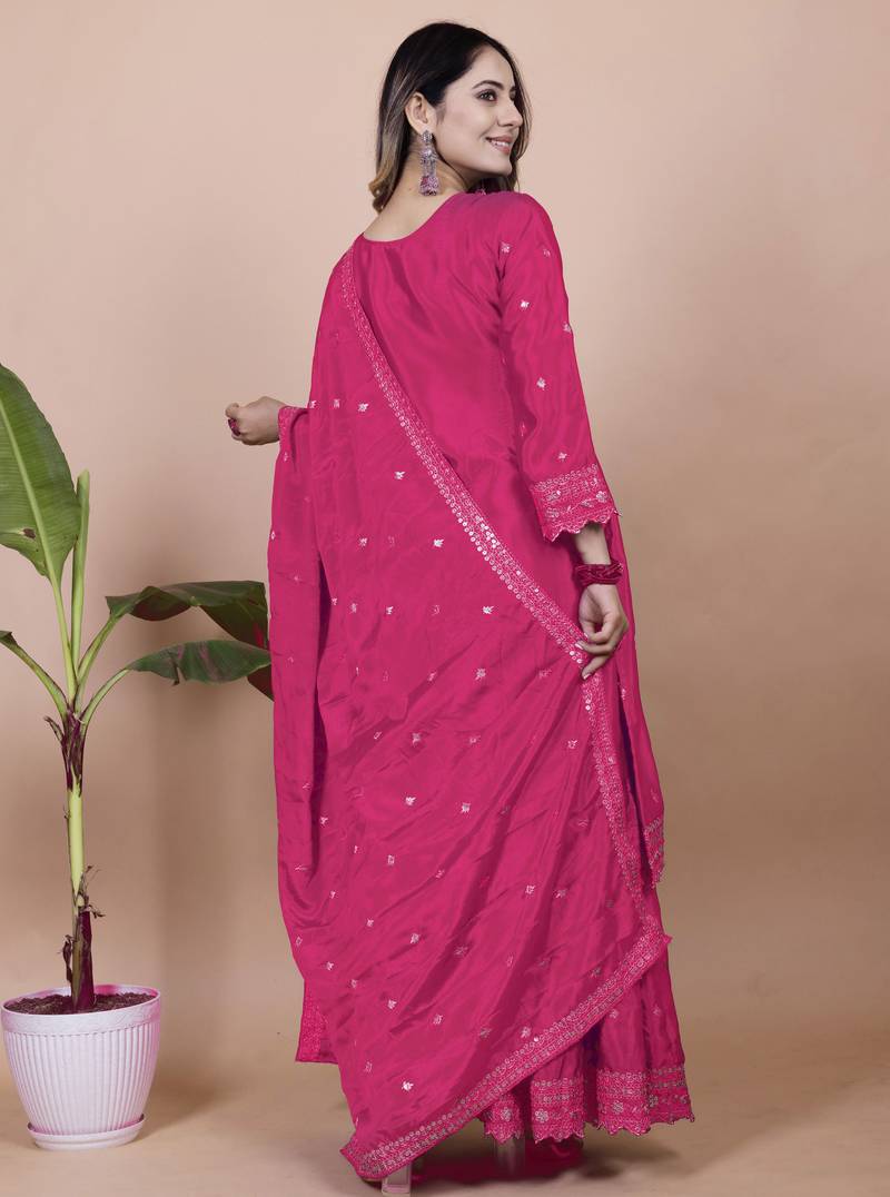 Pink festive wear designer chinon sequence embroidery work readymade suit