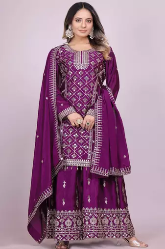 Purple festive wear designer chinon coding sequence embroidery work readymade suit