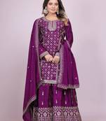 Purple festive wear designer chinon coding sequence embroidery work readymade suit