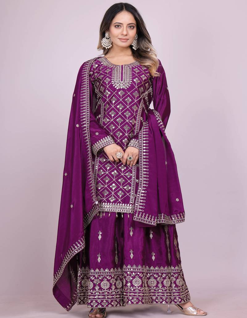 Purple festive wear designer chinon coding sequence embroidery work readymade suit