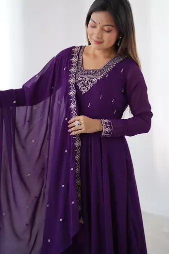 Purple festive wear designer heavy pure soft fox georgette embroidery zari work readymade suit