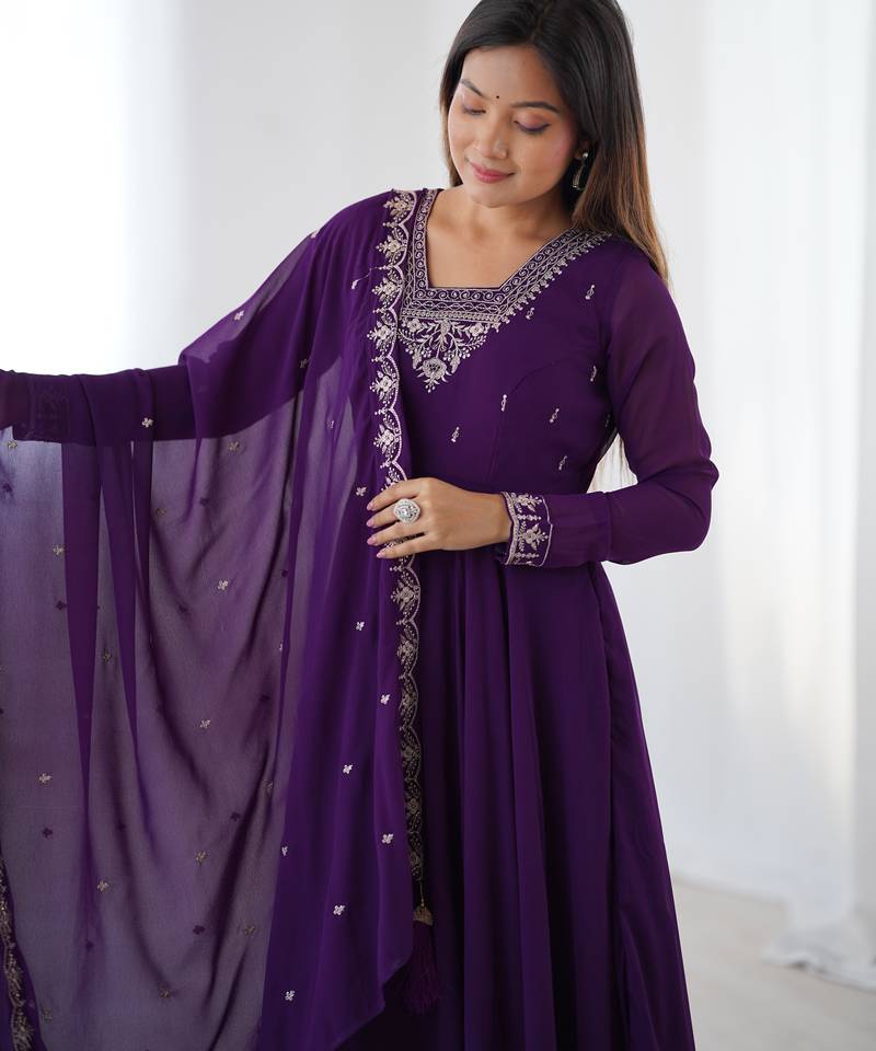 Purple festive wear designer heavy pure soft fox georgette embroidery zari work readymade suit