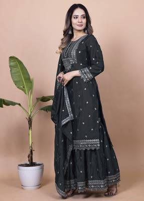 Black festive wear designer chinon sequence embroidery work readymade suit 2