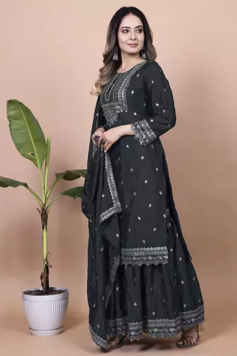 Black festive wear designer chinon sequence embroidery work readymade suit