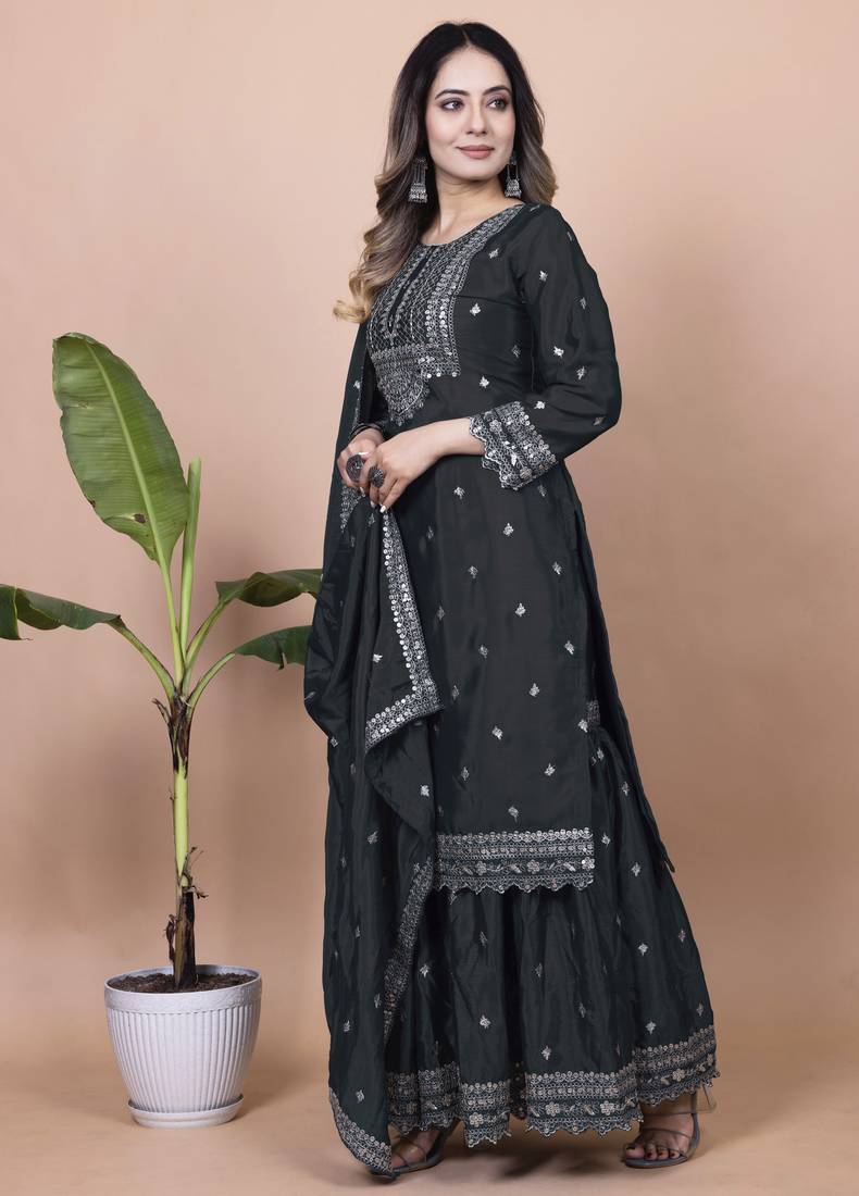 Black festive wear designer chinon sequence embroidery work readymade suit