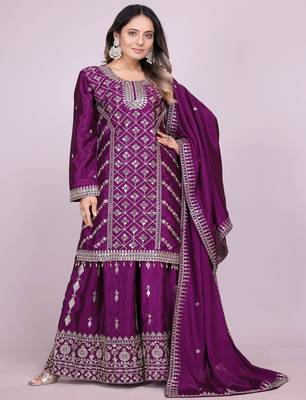 Purple festive wear designer chinon coding sequence embroidery work readymade suit 2