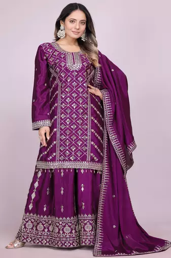 Purple festive wear designer chinon coding sequence embroidery work readymade suit