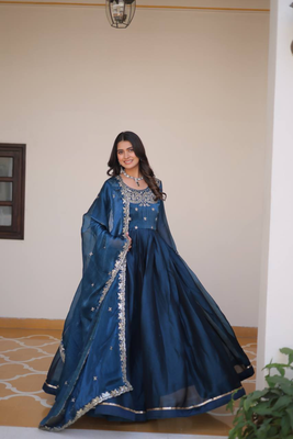 Teal festive wear designer pure burberry silk  heavy sequence embroidery work readymade suit 1