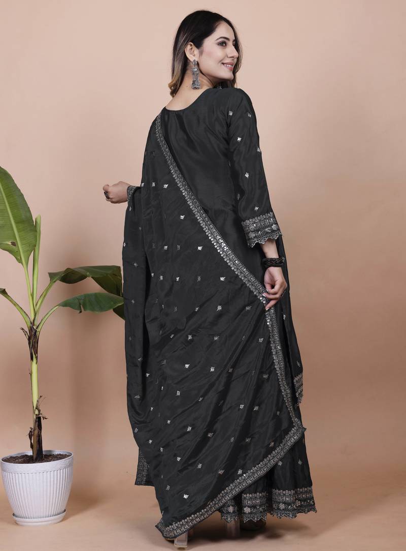 Black festive wear designer chinon sequence embroidery work readymade suit