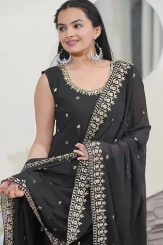 Black festive wear designer fox georgette  heavy embroidery sequence work readymade suit