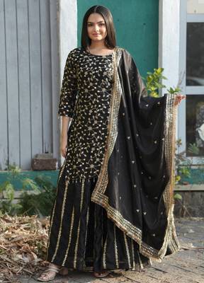 Black festive wear designer chinon sequence embroidery work readymade suit 1