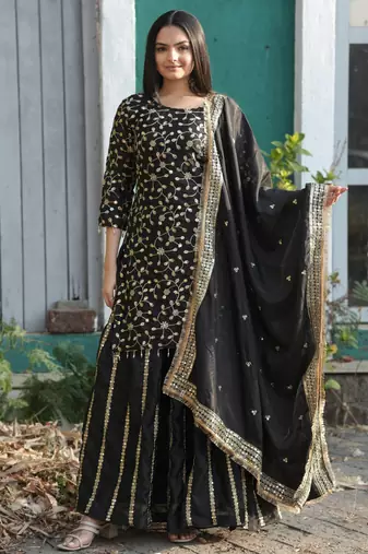 Black festive wear designer chinon sequence embroidery work readymade suit