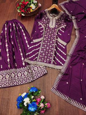 Purple festive wear designer chinon coding sequence embroidery work readymade suit 3