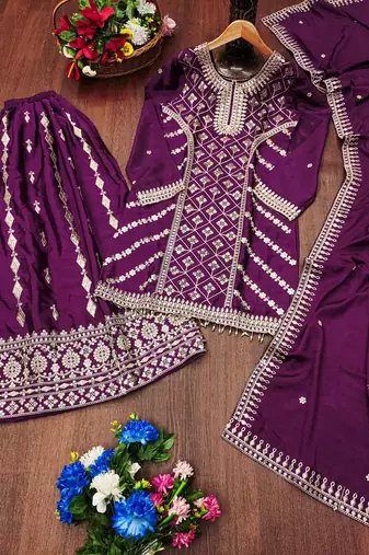 Purple festive wear designer chinon coding sequence embroidery work readymade suit