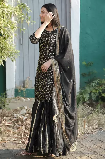 Black festive wear designer chinon sequence embroidery work readymade suit