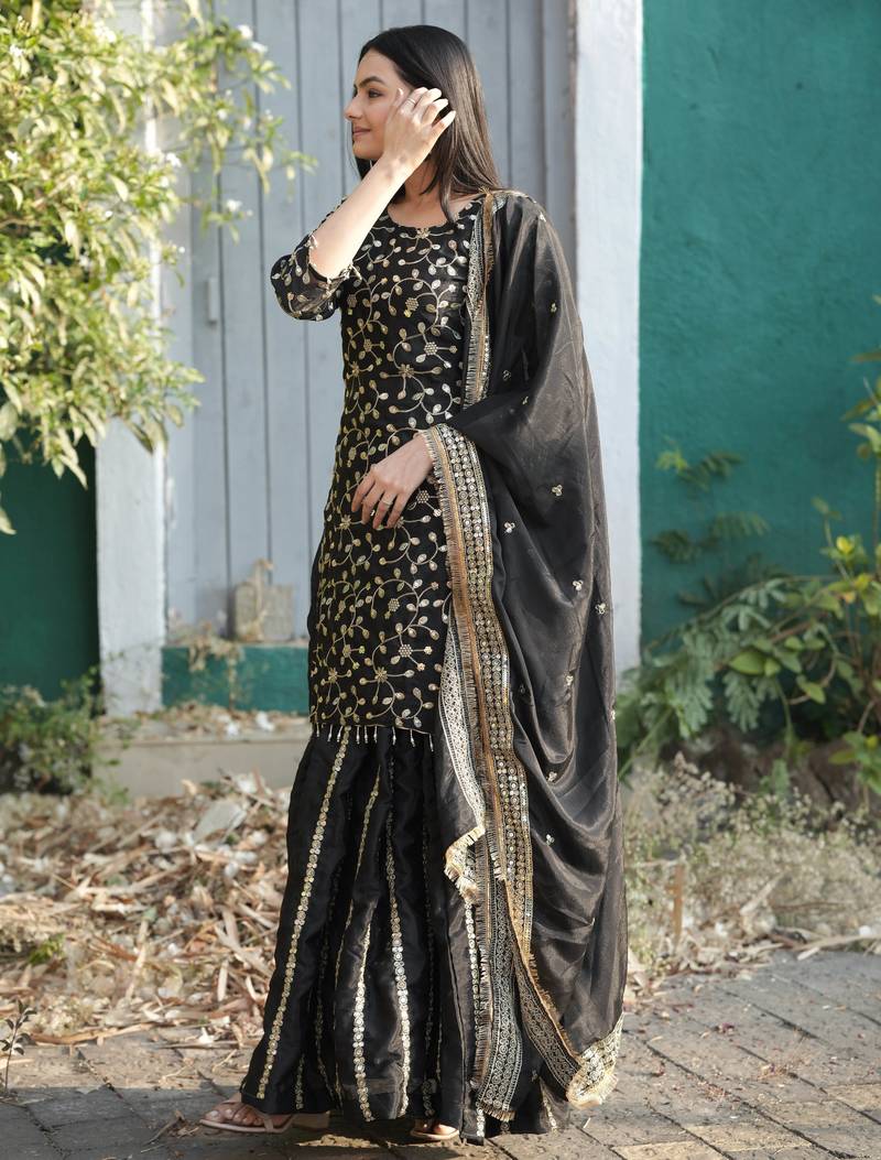 Black festive wear designer chinon sequence embroidery work readymade suit