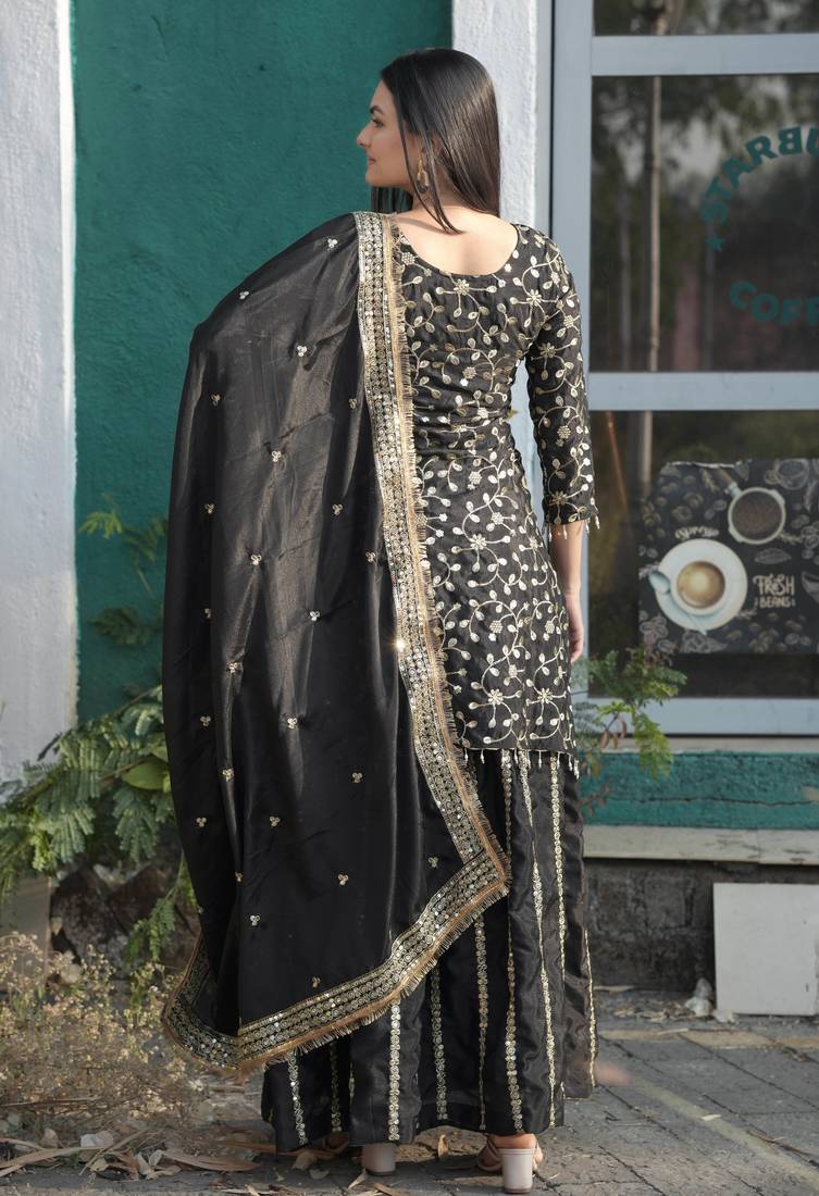 Black festive wear designer chinon sequence embroidery work readymade suit