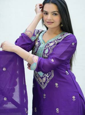 Purple festive wear designer chinon  heavy embroidery sequence work readymade suit 4