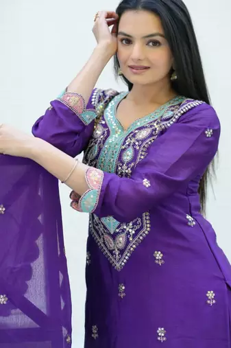 Purple festive wear designer chinon  heavy embroidery sequence work readymade suit