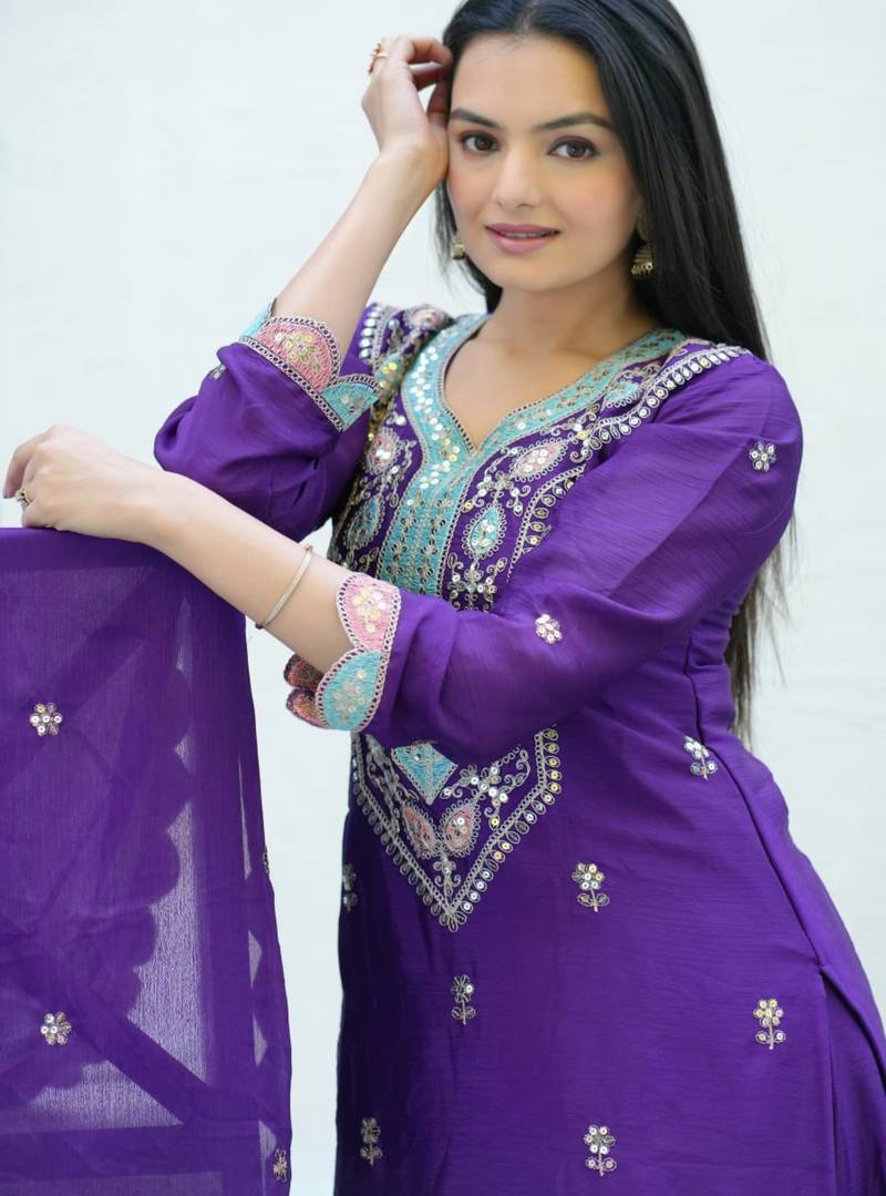 Purple festive wear designer chinon  heavy embroidery sequence work readymade suit