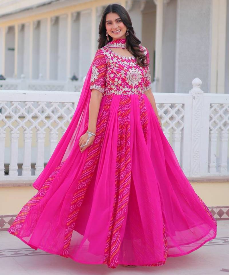 Rani Pink festive wear designer pure georgette bandhej  readymade suit