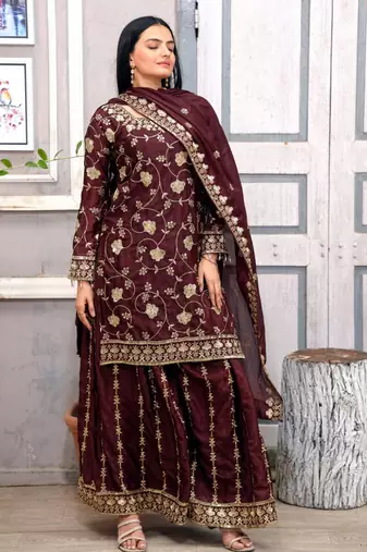 Dark brown festive wear designer chinon  readymade suit