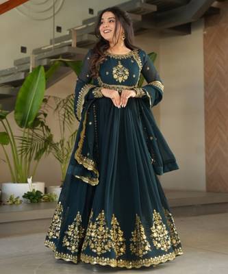 Peacock green festive wear designer faux blooming georgette zari thread & sequins embroidery work readymade suit 1